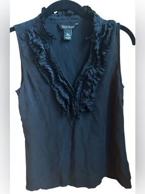 White House Black Market Black Silk Ruffle V-Neck Sleeveless Blouse M